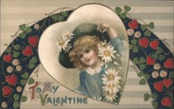 Girl in Heart with Daisies and Clovers, To My Valentine Postcard