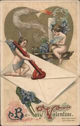 Be My Valentine Cherubs Writing Love Letter with Heart Postcard