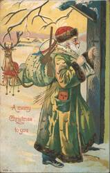 Santa Claus at Door with Reindeer in Snow, Merry Christmas Greeting Postcard