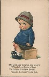 Crying Boy in Hat, "My girl has thrown me down" Comic Postcard