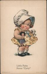 Little Fatty Never 'Catty' Chubby Girl with Doll and Dog Postcard