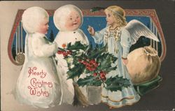 Christmas Wishes with Children, Angel, and Snowman Postcard