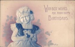 Embossed Girl with Flowers, Birthday Wishes Postcard