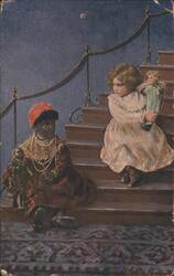 Children with Dolls on Staircase, Black Americana Postcard