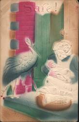 Safe! Woman Holding Baby with Stork, New Baby Greeting Postcard