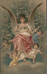 Frohe Weihnachten Angel with Children, Christmas Trees & Golden Accents Postcard