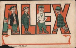 ALEX Large Letter Name with Cartoon Characters Postcard