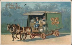 Ein frohes neues Jahr Horse-Drawn Wagon with Four-Leaf Clover Postcard
