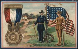 Veterans and Soldier with American Flag, 1776 Medal, Decoration Day Postcard