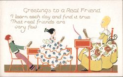 Greetings to a Real Friend, Art Nouveau Women Writing Postcard