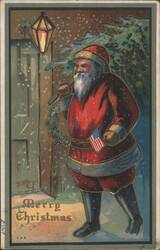 Santa Claus with American Flag & Holly, Merry Christmas Postcard