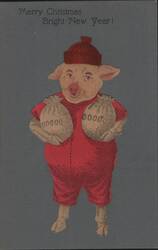 Merry Christmas Bright New Year Pig in Red Jumpsuit with Money Bags Postcard