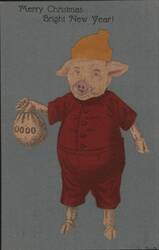Merry Christmas Bright New Year! Dressed Pig with Money Bag Postcard