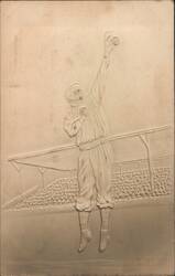 Embossed Baseball Player Leaping to Catch Ball at Stadium Postcard