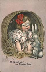Little Girl with Red Bow and White Bunny in Basket, Easter Greeting Postcard