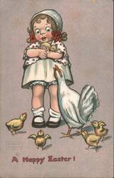 Little Girl with Hen and Chicks, A Happy Easter Postcard
