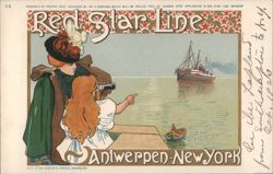 Red Star Line Antwerpen-New York Steamship with Women Watching Postcard