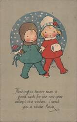 Two Children Holding Hands, New Year's Greeting with Snowflakes Postcard