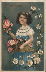 Young Girl with Basket of Pink Flowers and 'A Happy New Year' Greeting Postcard