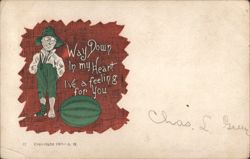 "Way Down In my Heart" Man with Green Hat & Watermelon Postcard