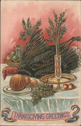 Thanksgiving Greetings Still Life with Turkey, Fruit, and Greenery Postcard