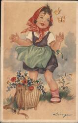 Girl in Red Headscarf with Butterflies and Flower Basket Postcard