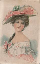 Elegant Woman in Floral Hat with Pink Bow Postcard