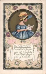 Valentine's Day Woman in Blue Dress Reading Book with Hearts and Flowers Postcard