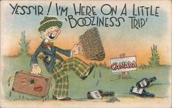 Comic Drunk Man on 'Booziness Trip' to Canada with Rye and Gin Bottles Postcard