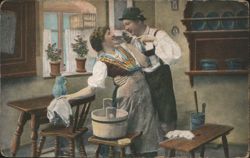 Romantic Couple in Traditional European Attire in Rustic Kitchen Postcard