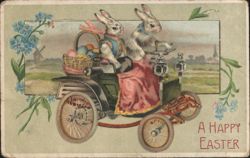 Dressed Bunnies Driving Early Automobile, A Happy Easter Postcard