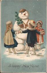 Children Dancing Around Snowman, A Happy New Year Postcard