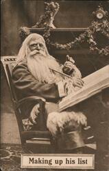 Santa Claus Making Up His List with Pipe and Pen Postcard