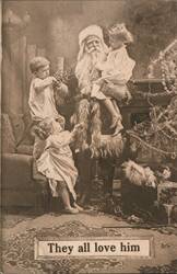 Santa Claus with Children and Christmas Tree, "They all love him" Postcard