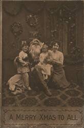 Santa Claus with Family in Decorated Room, A Merry Xmas to All Postcard