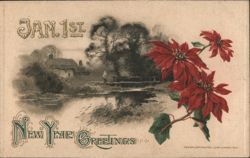 New Year Greetings, Poinsettias, Winter Cottage Scene Postcard