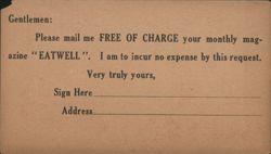 Hygienic Health Food Co. EATWELL Magazine Free Subscription Request Postcard