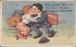 Comic Kissing Couple: 'Microbes in Kissing but I like the little devils' Postcard