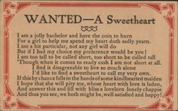 WANTED—A Sweetheart: Jolly Bachelor Seeks Love Poem Postcard
