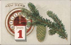 Happy New Year Clock & Calendar with Pine Branches Postcard