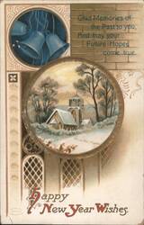 Happy New Year Wishes, Winter Church Scene with Bells Postcard