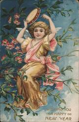 New Year's Angel Girl with Tambourine in Flowering Tree Postcard