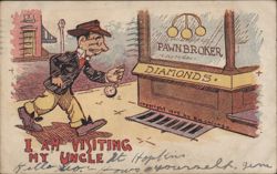 Man Visiting Pawn Shop with Pocket Watch, Comic Illustration Postcard