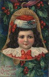 Girl in Christmas Bell with Holly, Berries, and Red Bows Postcard