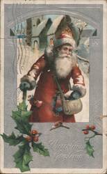 Santa Claus with Sack in Snowy Landscape, Christmas Greetings Postcard