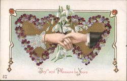Clasped Hands with Ring, Hearts & Flowers, 'Joy and Pleasure be Yours' Postcard