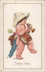 Child with Drum, Trumpet, Teddy Bear & Toys, "Santy's been" Postcard