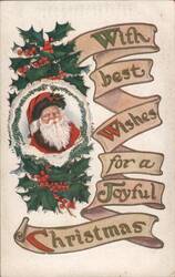 Santa Claus with Holly and Berries, Joyful Christmas Wishes Postcard