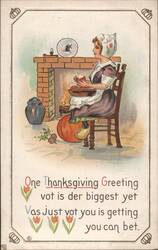Thanksgiving Woman Peeling Apples by Fireplace, Dutch Cap, Windmill Postcard