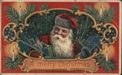 Santa Claus with Christmas Tree, Candles & Toy Soldier, "A merry Christmas" Postcard